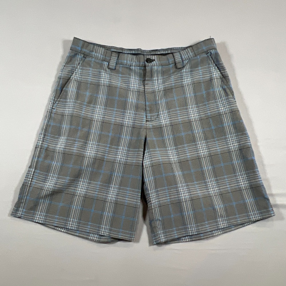 Izod Performx Golf Shorts Mens 34 Gray White Plaid Mid Rise Moisture Wicking